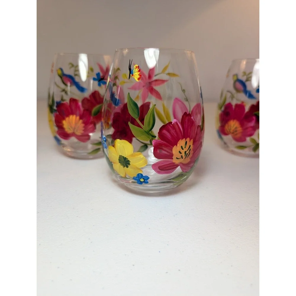 Pier 1 Happy Blooms Hand Painted Stemless Wine Glasses Birds FlowersSet of 5